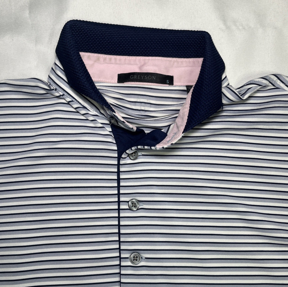 Greyson Mens Golf Polo Shirt Size S Blue White Striped w/ Interlachen CC Logo